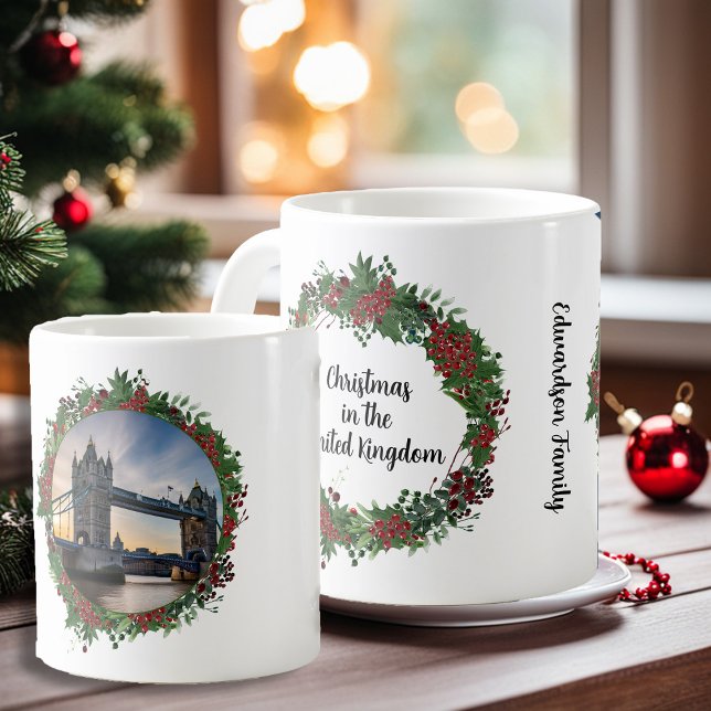 Christmas in United Kingdom country photo monogram Coffee Mug (Christmas in the United Kingdom, Tower bridge photo mug. Add your own country, photo and name.)