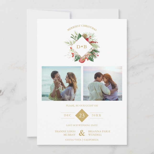 Christmas Initials Floral 2 Photos Collage Fancy Save The Date (Front)