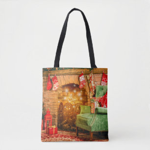 Christmas interior room fireplace, Christmas tree, Tote Bag