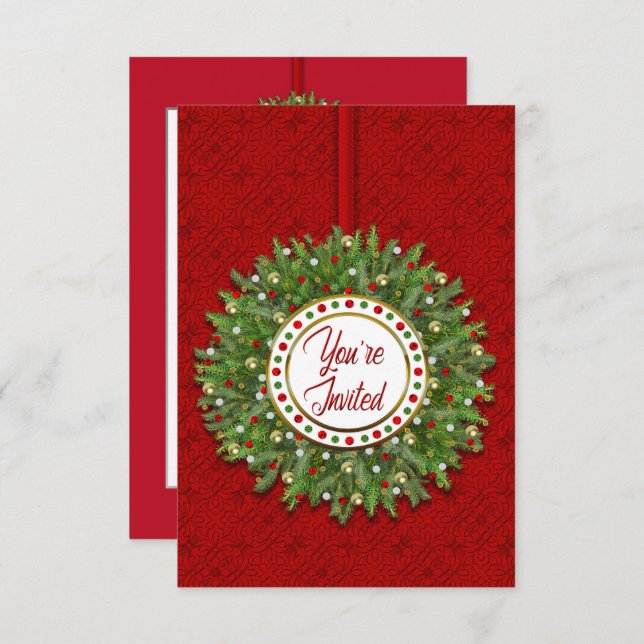 Christmas, Invitation, Christmas Wreath on Red Invitation (Front/Back)