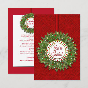 Christmas, Invitation, Christmas Wreath on Red Invitation