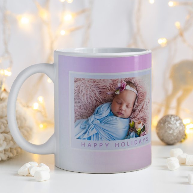 Christmas Iridescent Pastel Photo Happy Holiday Coffee Mug (Happy Holiday baby photo gift with a purple blue ombre background.)