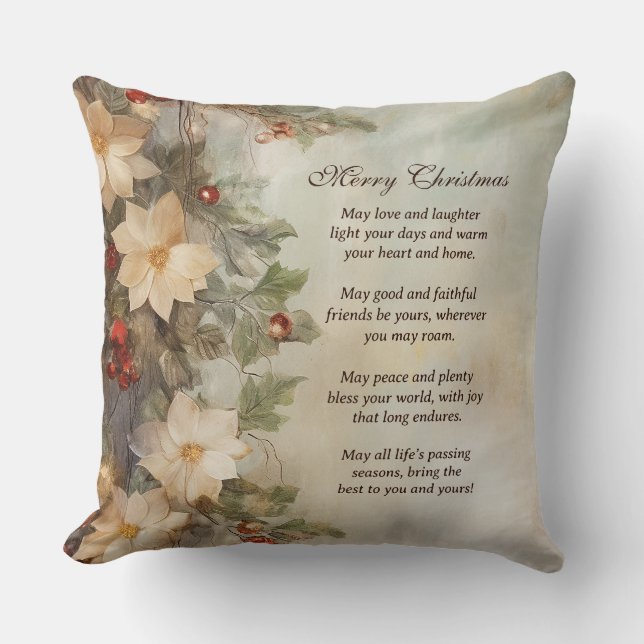 Christmas Irish Blessing | Pretty Winter Flowers Cushion (Front)