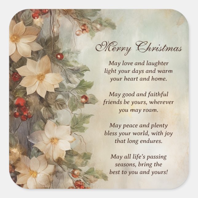 Christmas Irish Blessing | Pretty Winter Flowers Square Sticker (Front)