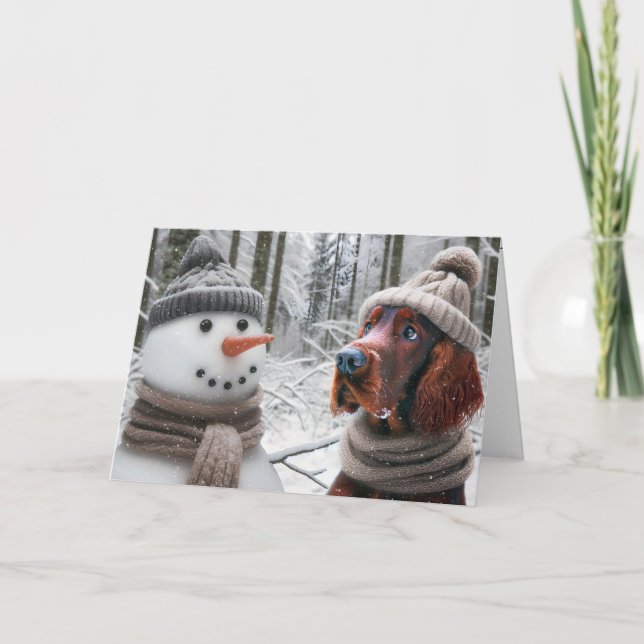 Christmas Irish Setter Dog With a Snowman Card (Front)