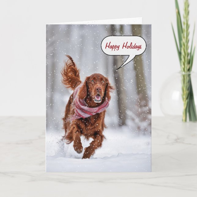Christmas Irish Setter In Snowflakes Holiday Card (Front)