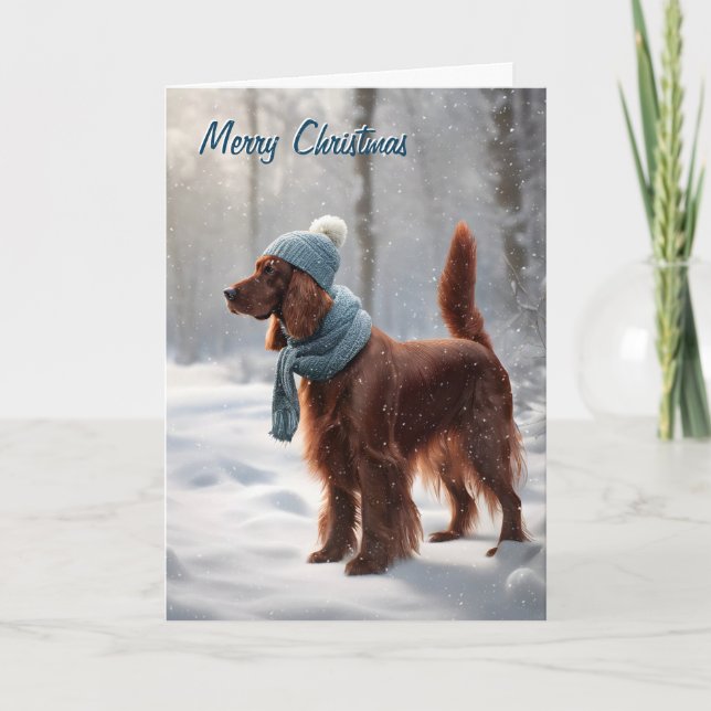 Christmas Irish Setter In Winter Woods Holiday Card (Front)