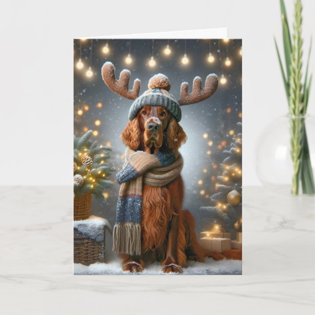 Christmas Irish Setter With Reindeer Antlers Card (Front)