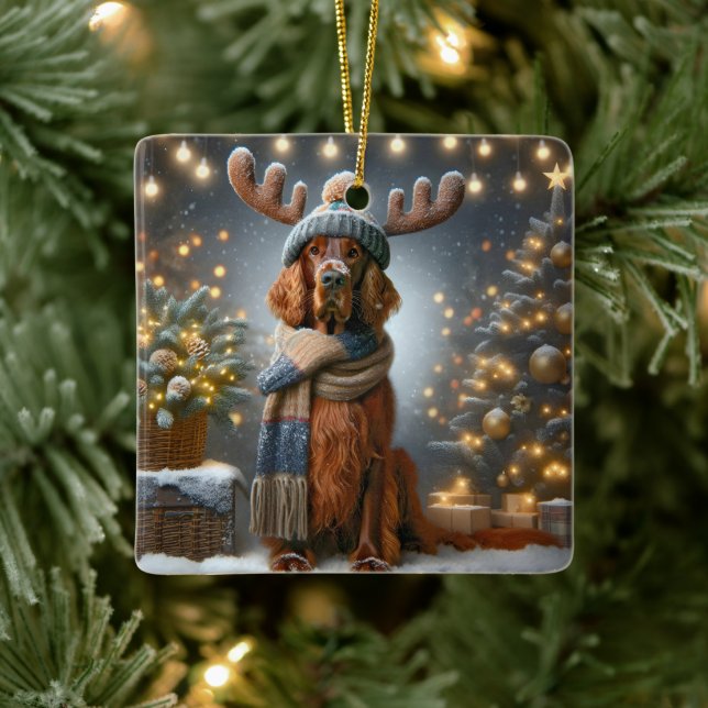 Christmas Irish Setter With Reindeer Antlers Ceramic Ornament (Tree)