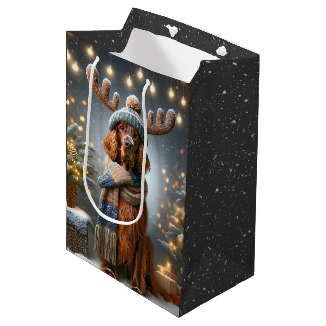 Christmas Irish Setter With Reindeer Antlers Medium Gift Bag (Front Angled)