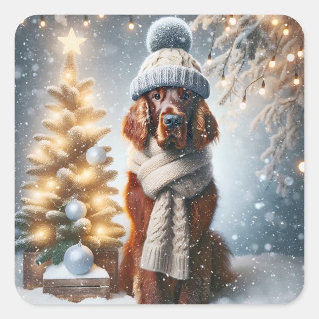 Christmas Irish Setter With Scarf and Hat Square Sticker (Front)