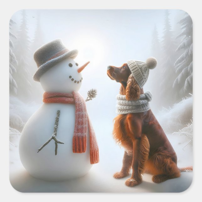 Christmas Irish Setter With Snowman Square Sticker (Front)
