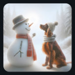 Christmas Irish Setter With Snowman Square Sticker<br><div class="desc">A snowman and an Irish Setter dog both wearing scarves share a moment of companionship in a snowy forest setting</div>