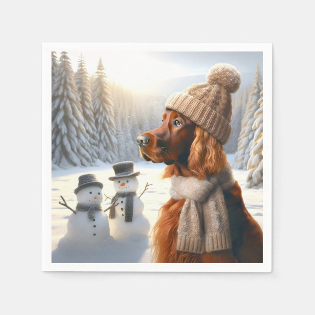 Christmas Irish Setter With Snowmen Napkin (Front)