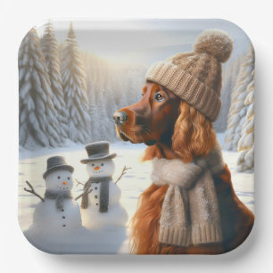 Christmas Irish Setter With Snowmen Paper Plate