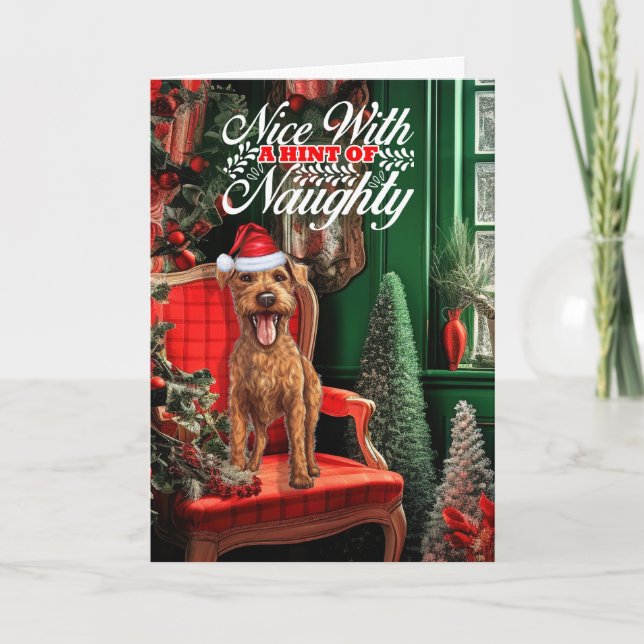 Christmas Irish Terrier Dog Naughty or Nice Holiday Card (Front)