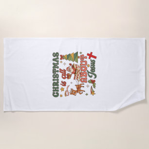 Christmas Is All About Jesus Santa Sleigh Reindeer Beach Towel