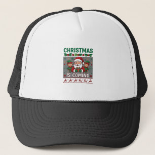 Christmas Is Coming Santa Claus Elves Reindeer Trucker Hat