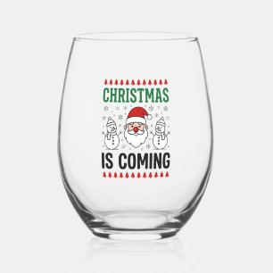 Christmas Is Coming Santa Snowman Design Stemless Wine Glass