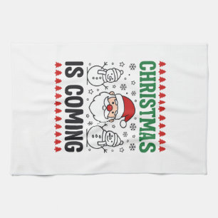 Christmas Is Coming Santa Snowman Design Tea Towel