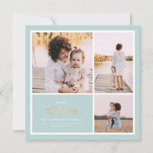 Christmas is Gold   Mint Modern 3 photo collage Holiday Card