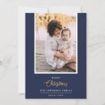 Christmas is Gold | Navy Modern  vertical photo Holiday Card<br><div class="desc">This simple and elegant holiday design features your favourite portrait or vertical personal photo and the word "Christmas" in handwritten script text with gold effect . Add two more photos and a personal message on the back! Easily add your best photos, your family names and year using the template. Need...</div>