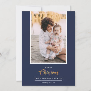 Christmas is Gold Navy Modern vertical photo Holiday Card