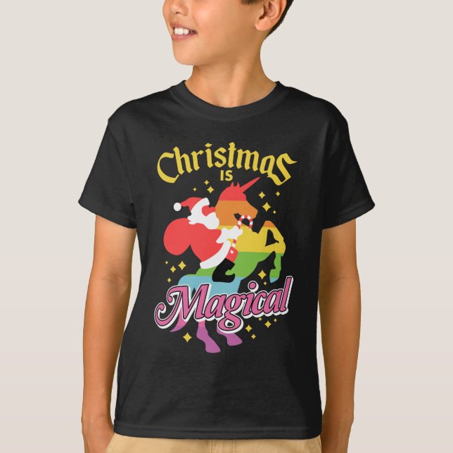 Christmas Is Magical Santa Riding Unicorn Funny T-Shirt (Front)