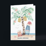 Christmas Island Palm Surf Santa Tropical Beach  Holiday Card<br><div class="desc">Beach theme Christmas card features a palm tree Christmas tree (decorated with ornaments and lights) on a tropical island with a Santa hat perched on a surfboard, a present, starfish, ocean waves, sea birds and a "Warm Wishes" holiday greeting. The greeting and name inside can be personalised. Art by KL...</div>