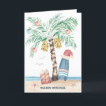 Christmas Island Palm Surf Santa Tropical Beach  Holiday Card<br><div class="desc">Beach theme Christmas card features a palm tree Christmas tree (decorated with ornaments and lights) on a tropical island with a Santa hat perched on a surfboard, a present, starfish, ocean waves, sea birds and a "Warm Wishes" holiday greeting. The greeting and name inside can be personalised. Art by KL...</div>