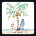 Christmas Island Palm Surf Santa Tropical Beach  Square Sticker<br><div class="desc">Surf theme Christmas sticker (or envelope seals) feature a palm tree (decorated with ornaments and string lights) on a tropical island with a surfboard,  starfish,  sea birds and Santa swimming in the ocean giving the Aloha sign. Art by KL Stock</div>