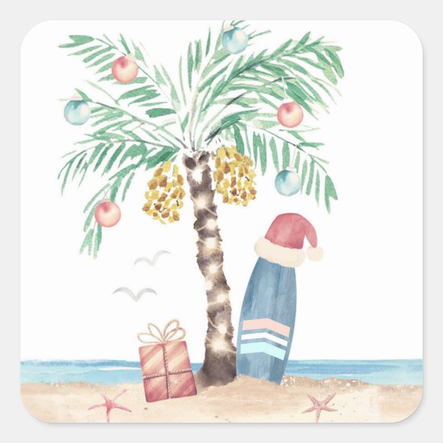 Christmas Island Palm Surf Santa Tropical Beach  Square Sticker (Front)