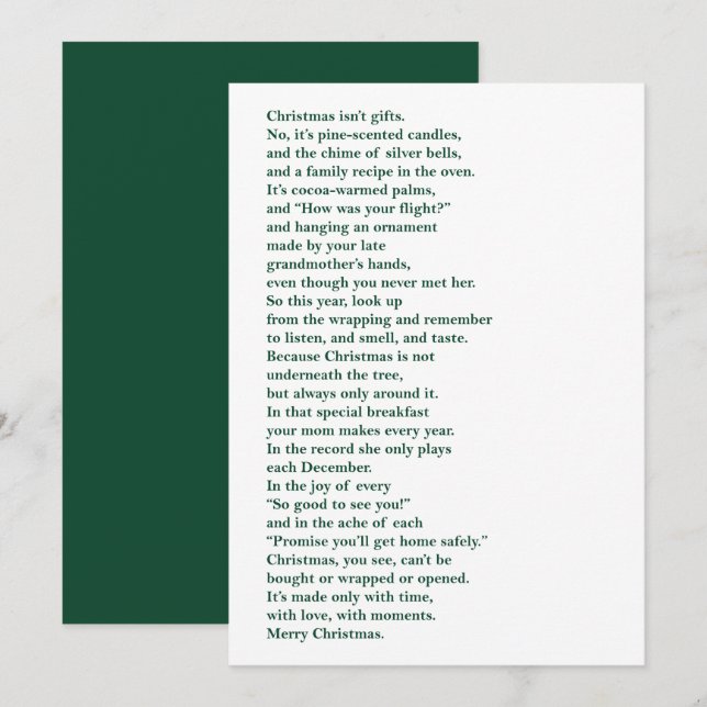 Christmas Isn't Gifts (Green) Non Photo Poem Card (Front/Back)
