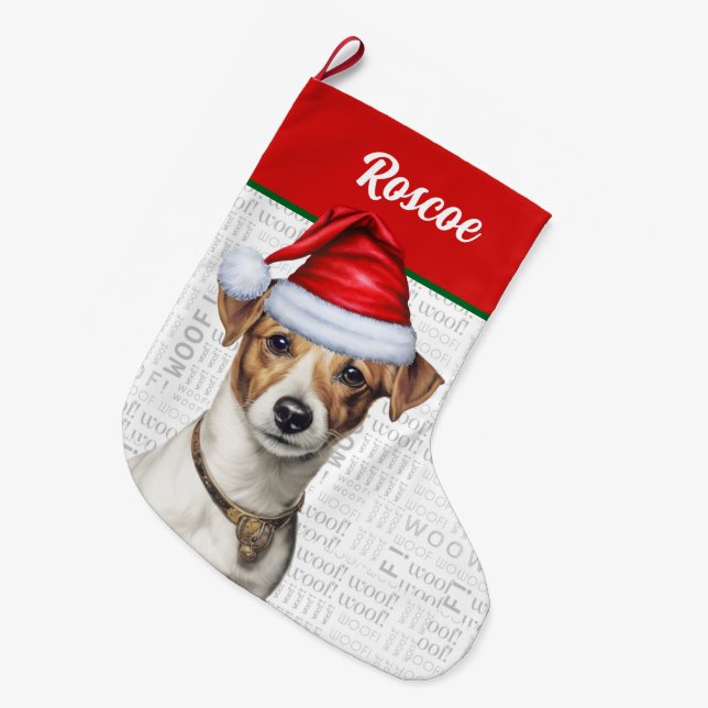 Christmas Jack Russell with Name Woof Background Large Christmas Stocking (Front (Hanging))