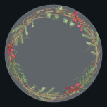 Christmas Jam Canning Rustic Homemade Mason Jar Classic Round Sticker<br><div class="desc">Rustic and modern Christmas homemade jam canning mason jar sticker with a lovely Christmas holiday wreath with greenery and berries on an off-black background. Simply add your name and the product name to the label. Exclusively designed for you by Happy Dolphin Studio. If you need any help or matching products,...</div>