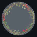 Christmas Jam Canning Rustic Homemade Mason Jar Classic Round Sticker<br><div class="desc">Rustic and modern Christmas homemade jam canning mason jar sticker with a lovely Christmas holiday wreath with greenery and berries on a dark blue background. Simply add your name and the product name to the label. Exclusively designed for you by Happy Dolphin Studio. If you need any help or matching...</div>