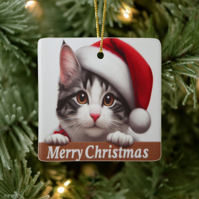 Christmas Japanese Bobtail Cat, Xmas Santa Kitten Ceramic Ornament (Tree)