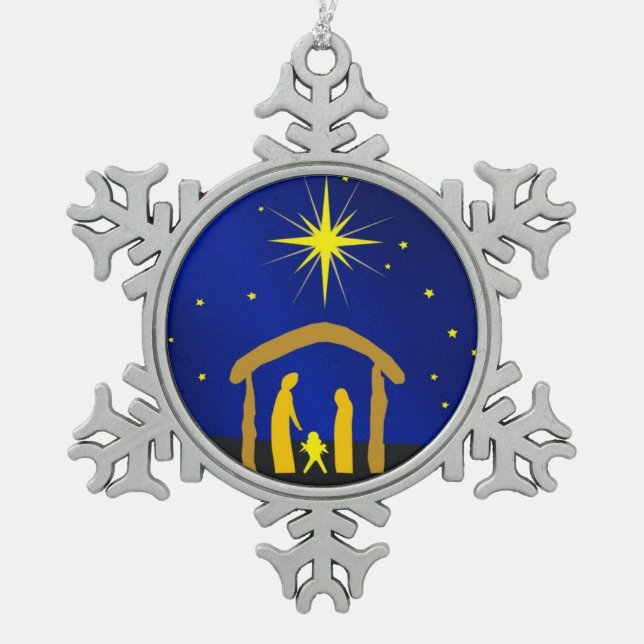 Christmas Jesus in a Manger Pewter Snowflake ornam Snowflake Pewter Christmas Ornament (Front)