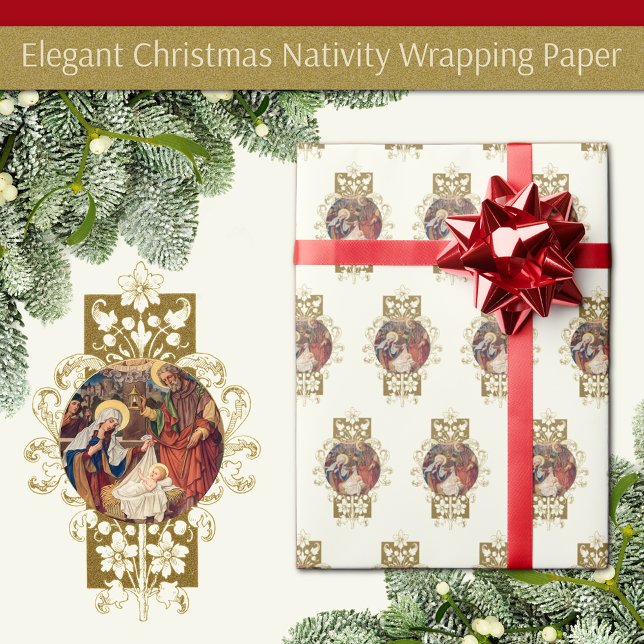 Christmas Jesus Mary Joseph Nativity Wrapping Paper (Traditional Christmas Nativity with Jesus, Mary, & Joseph accented with beautiful gold design )