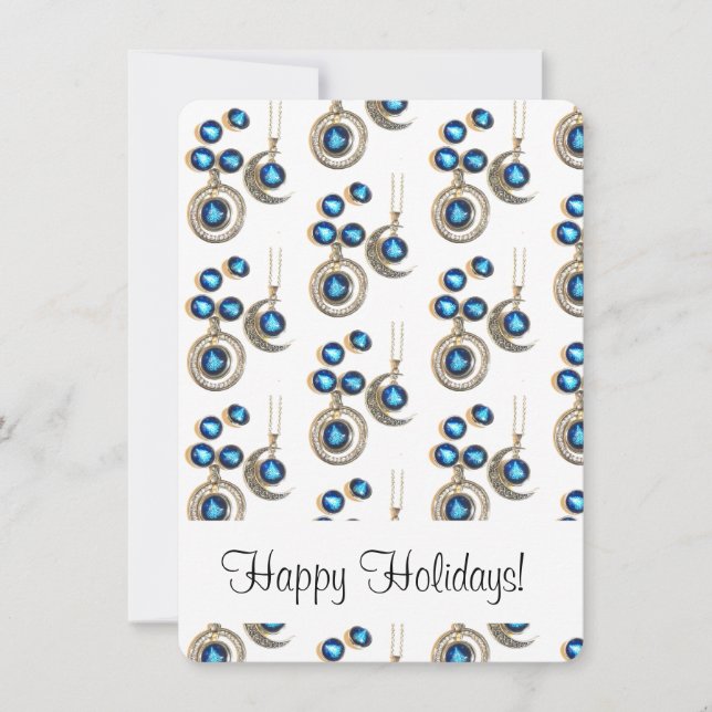 Christmas jewellery Tree blue black bright Moon  Holiday Card (Front)