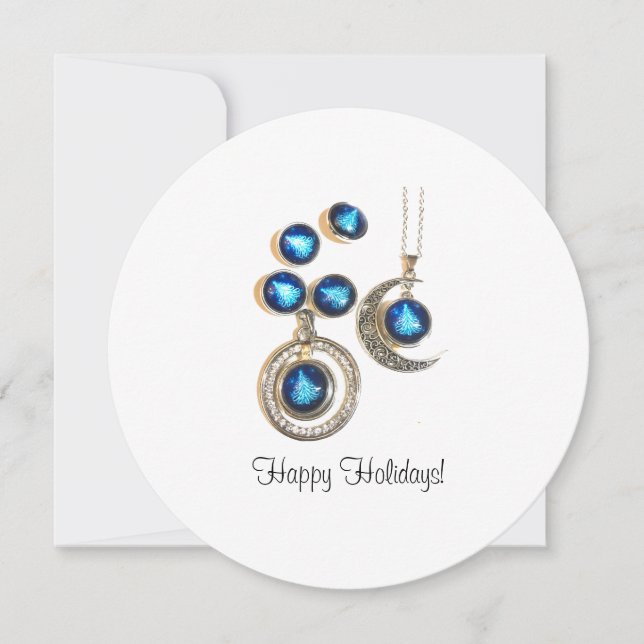 Christmas jewellery Tree blue black bright Moon  Holiday Card (Front)