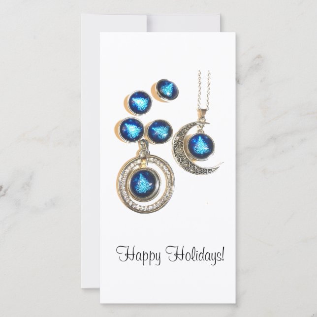 Christmas jewellery Tree blue black bright Moon  Holiday Card (Front)