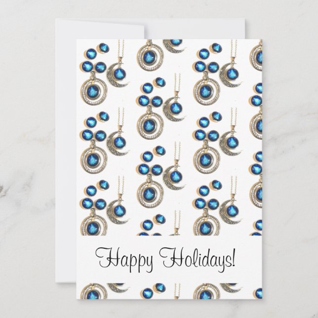 Christmas jewellery Tree blue black bright Moon  Holiday Card (Front)