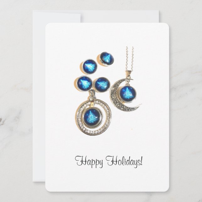 Christmas jewellery Tree blue black bright Moon  Holiday Card (Front)