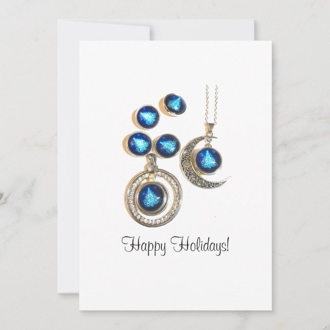 Christmas jewellery Tree blue black bright Moon  Holiday Card (Front)