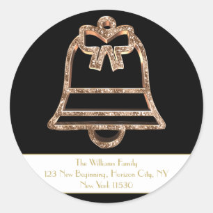Christmas Jingle Bell Black and White Gold Script Classic Round Sticker