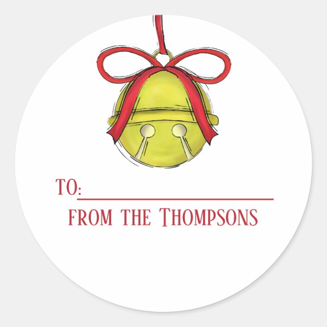Christmas Jingle Bell Whimsical Return Address Classic Round Sticker (Front)