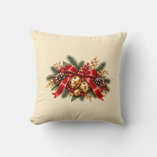 Christmas Jingle Bells Red Bow Festive Cushion
