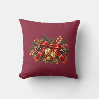 Christmas Jingle Bells Red Bow Festive Cushion