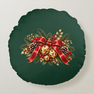 Christmas Jingle Bells Red Bow Festive Round Cushion